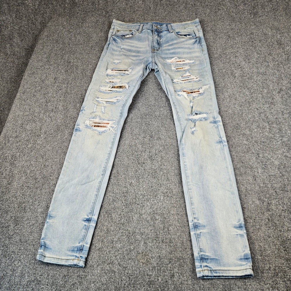 MNML Mens Distressed Flannel Backed Jeans Light Wash Slim Fit Size 32